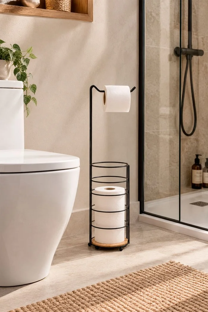 Portarrollos de Baño Adit Negro y Bambú | Portarrollos Pie